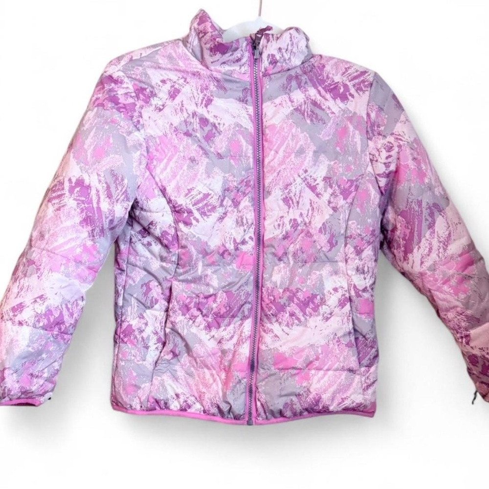 Girls Kids Gerry Pink Gray White Puffer jacket with‎ hood Size M 10/12